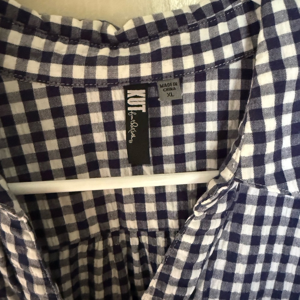 Kut from the Kloth Women’s Button Up Shirt Plaid Gingham Cotton Navy White Sz XL - Picture 5 of 8